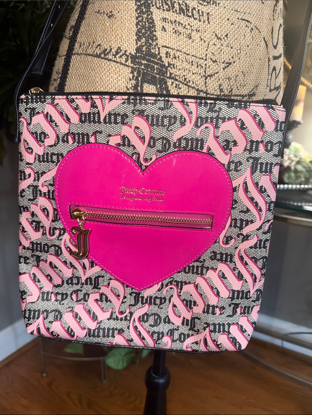 Juicy Couture Black Script Crossbody with Hot Pink Heart Pocket EUC